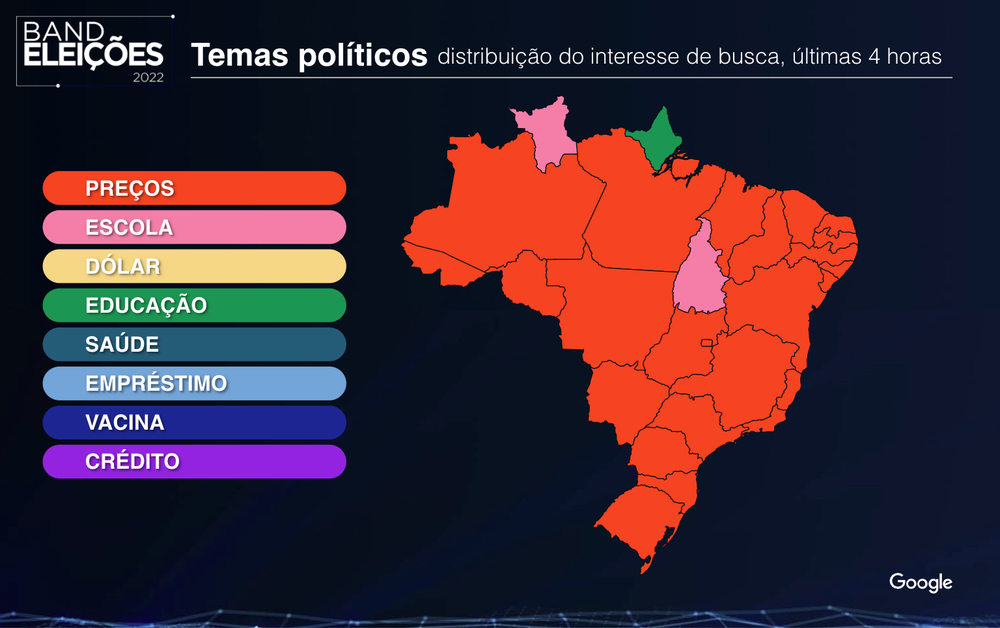 Este mapa mostra o interesse de pesquisa no Brasil pelos tópicos mais relevantes nas eleições de 2022.